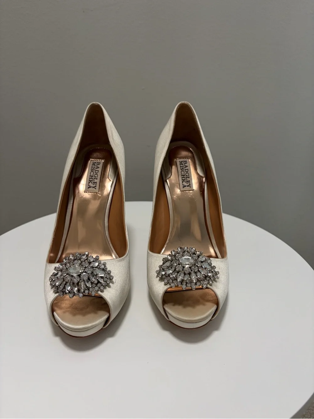 Badgley Mischka Ivory Satin Peep-Toe Heels with Crystal Brooch